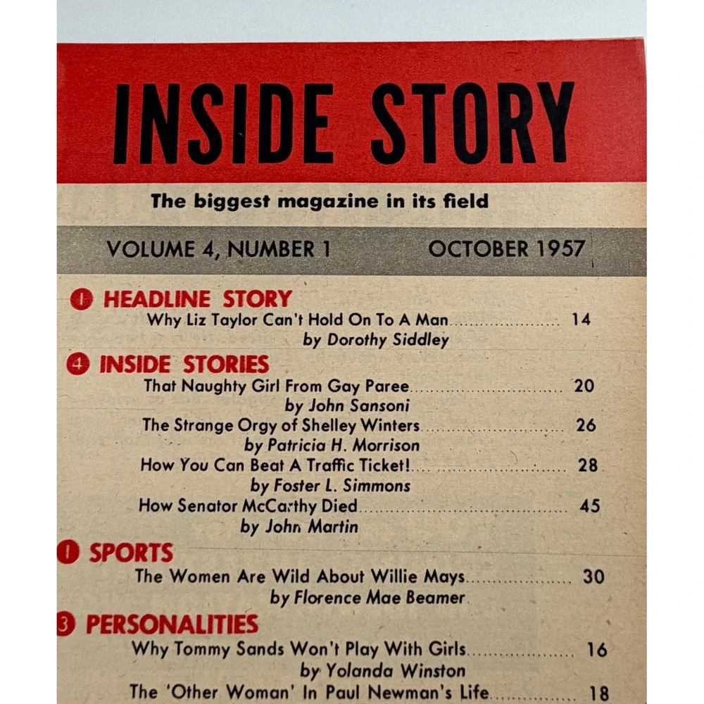 Vintage Inside Story Magazine Oct 1957 Elizabeth Taylor Paul Newman Willie Mays